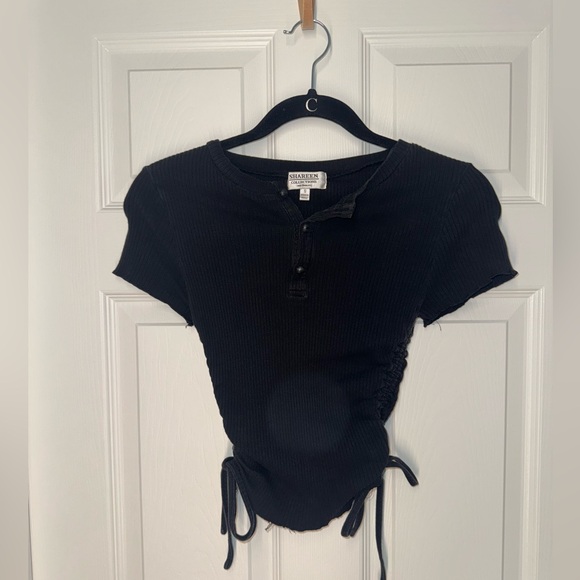 Drawstring Ruched Black Ribbed Women's Top - Picture 1 of 3